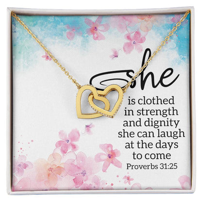 Proverbs 3125 - She Is Clothed Interlocking Hearts Necklace