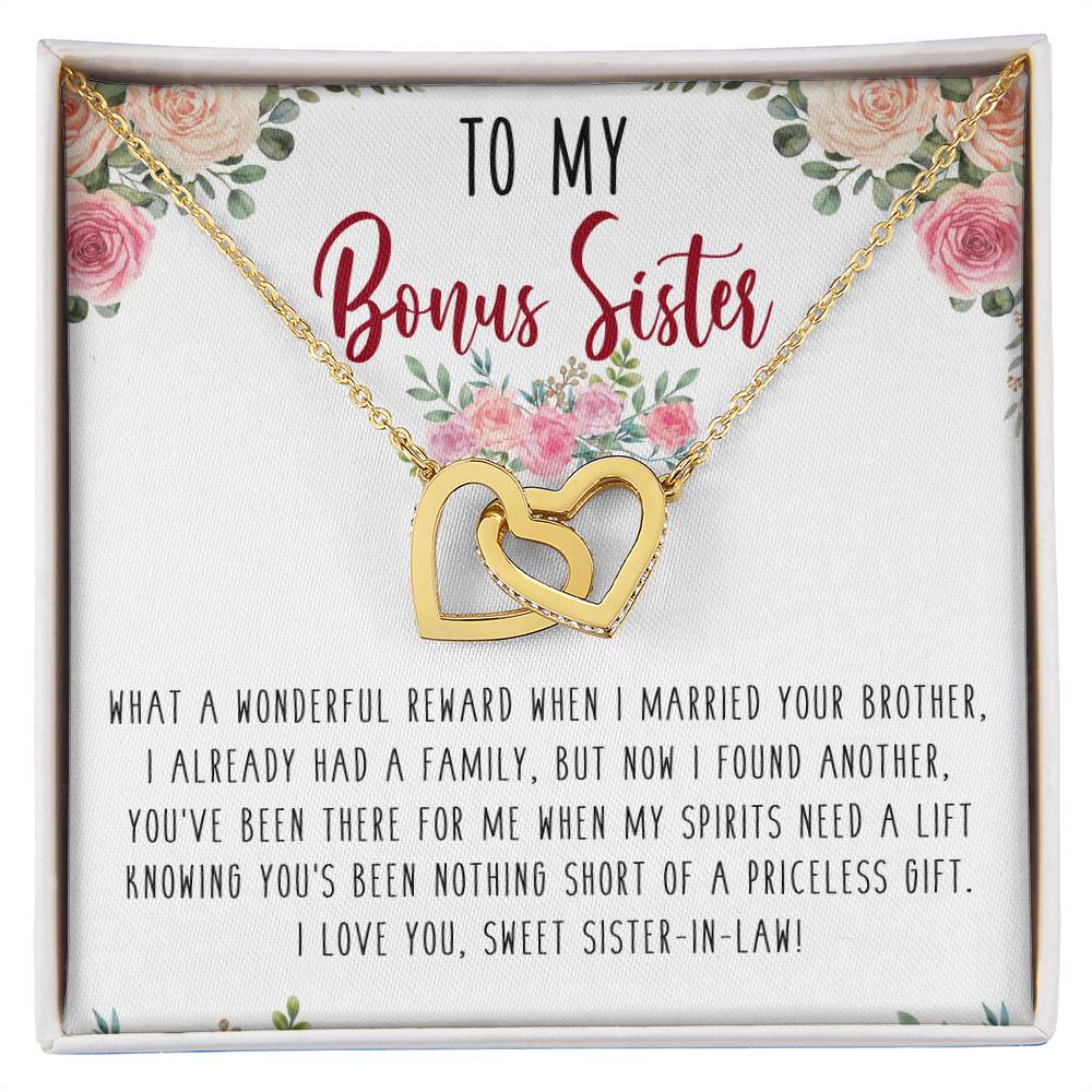 To My Bonus Sister Interlocking Hearts Necklace Message Card