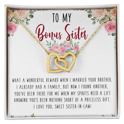 To My Bonus Sister Interlocking Hearts Necklace Message Card