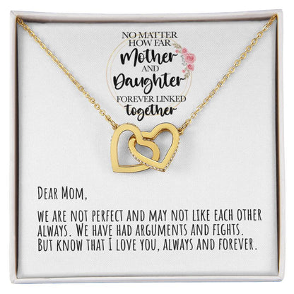 No Matter How Far Mother And Daughter Forever Linked Together Interlocking Hearts Necklace
