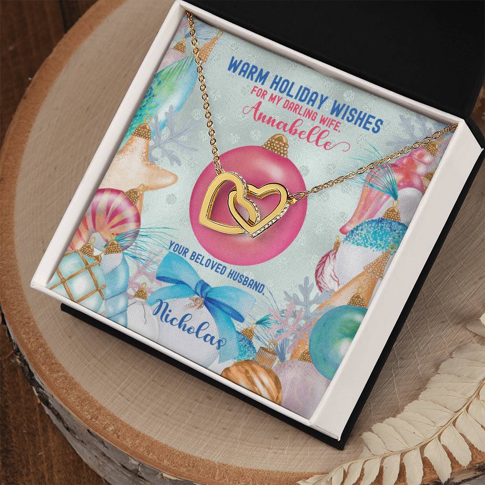 Husband To Wife - Warm Holiday Wishes Fully Customizable Christmas Gift - Personalized Interlocking Hearts Necklace