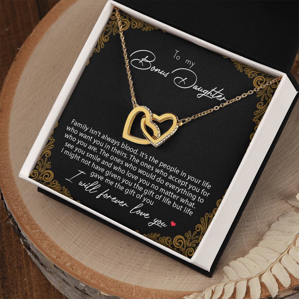 To My Bonus Daughter Family Isn'T Always Blood Interlocking Hearts Necklace