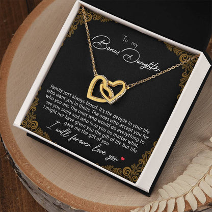 To My Bonus Daughter Family Isn'T Always Blood Interlocking Hearts Necklace
