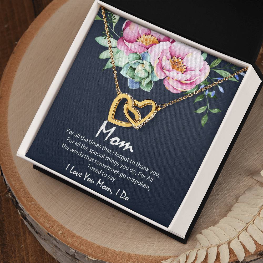Love You Mom Blue With Hearts Interlocking Hearts Necklace