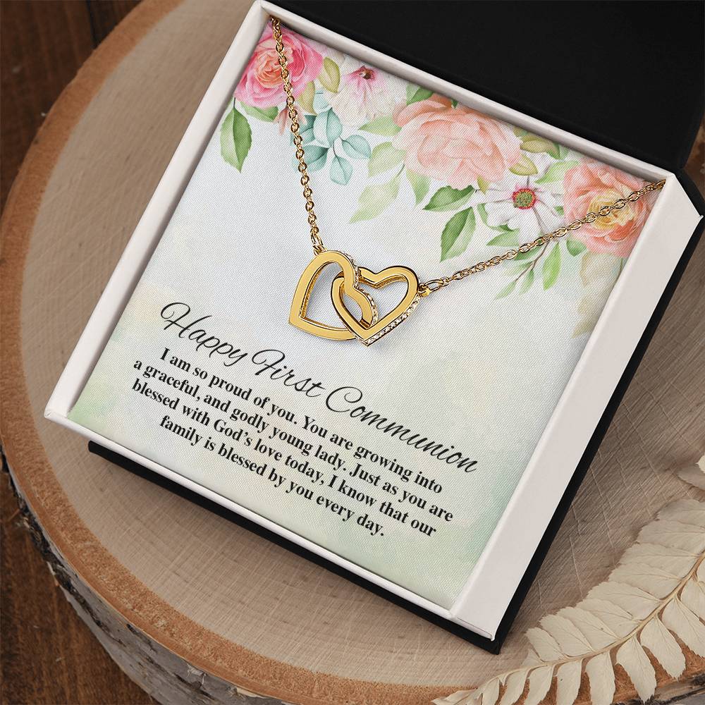 Happy First Communion Interlocking Hearts Necklace