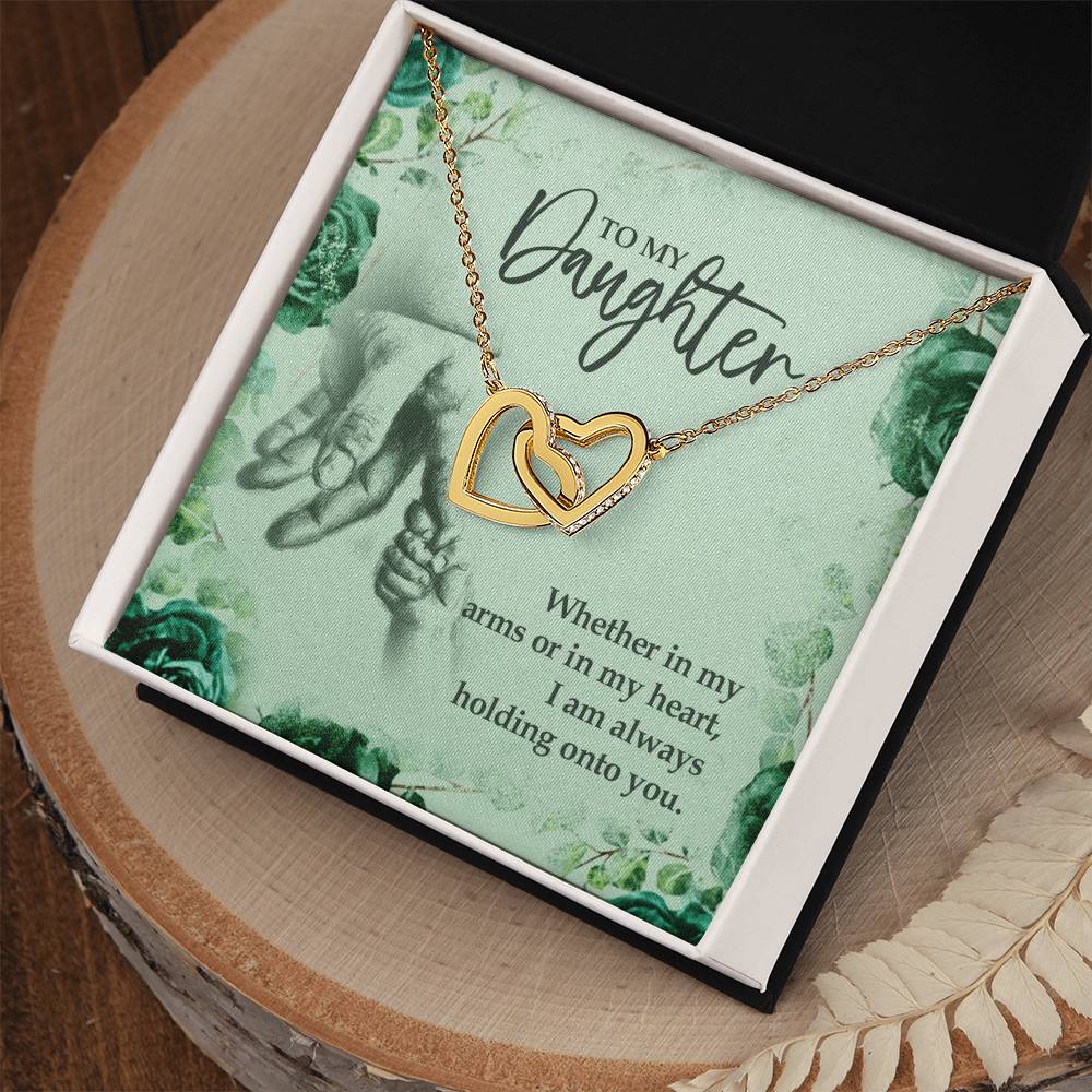 To My Daughter Holding Onto You. Artisan Zirconia Necklace Interlocking Hearts Necklace