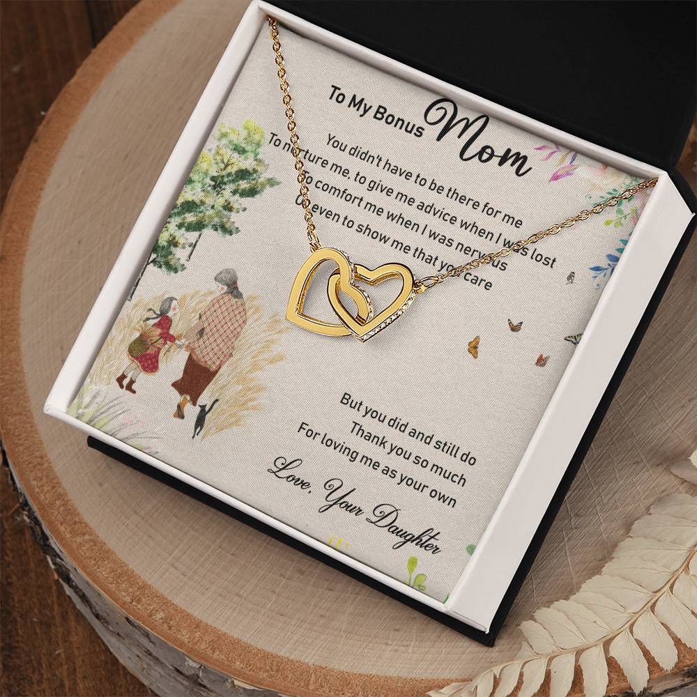 To My Bonus Mom Interlocking Hearts Necklace Message Card