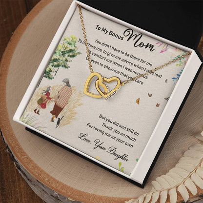 To My Bonus Mom Interlocking Hearts Necklace Message Card