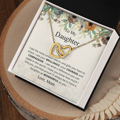To My Daughter - As Wonderful As You - Necklace. Embellished With Cubic Zirconia Stones. Interlocking Hearts Necklace