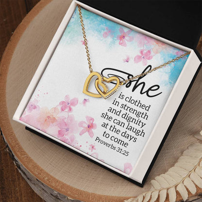 Proverbs 3125 - She Is Clothed Interlocking Hearts Necklace