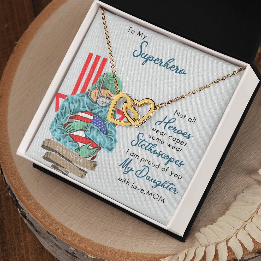 My Superhero Nurse Daughter Interlocking Hearts Necklace