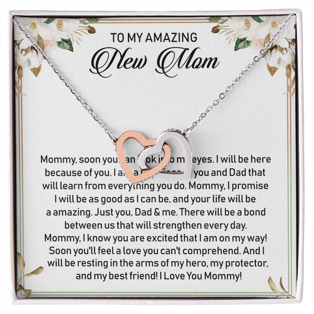 To My Amazing New Mom Interlocking Hearts Necklace Message Card