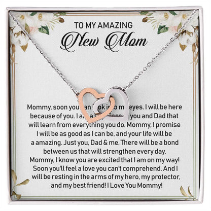 To My Amazing New Mom Interlocking Hearts Necklace Message Card