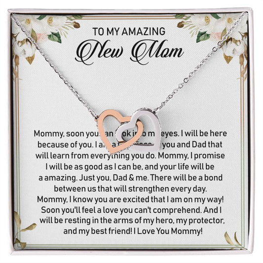 To My Amazing New Mom Interlocking Hearts Necklace Message Card