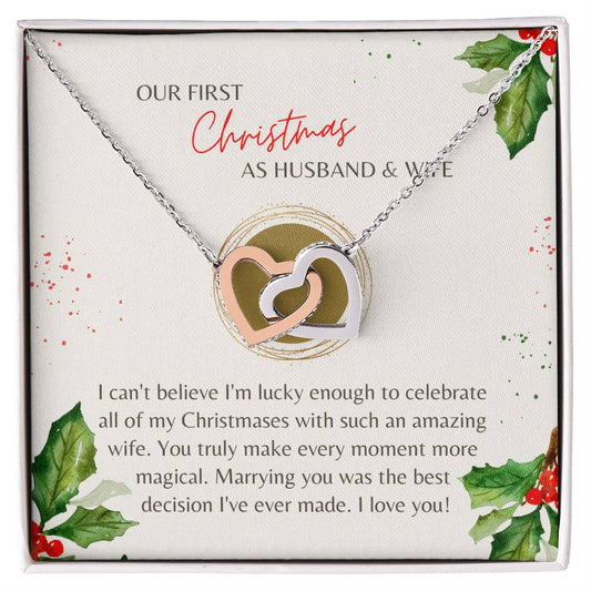 First Christmas Husband & Wife Interlocking Hearts Necklace Cream Holly
