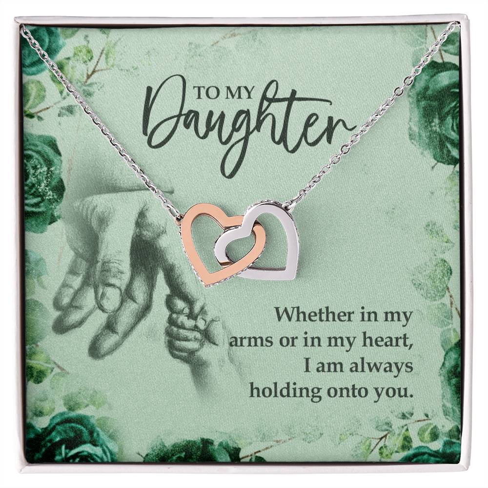 To My Daughter Holding Onto You. Artisan Zirconia Necklace Interlocking Hearts Necklace