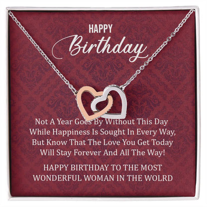 Happy Birthday To The Most Wonderful Woman In The World Interlocking Hearts Necklace