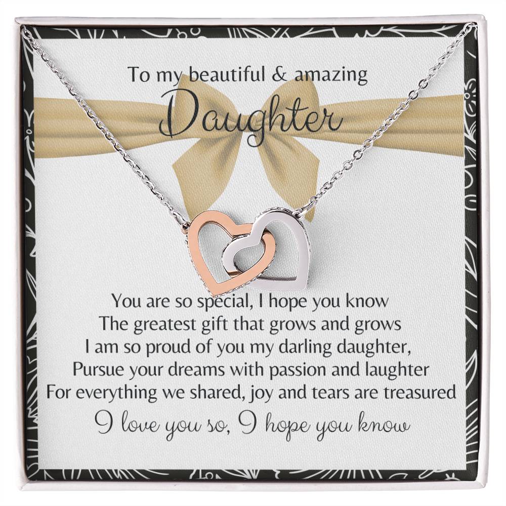 To My Beautiful Daughter 2 Hearts - Exclusive Offer Ribbon Interlocking Hearts Necklace