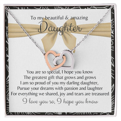 To My Beautiful Daughter 2 Hearts - Exclusive Offer Ribbon Interlocking Hearts Necklace