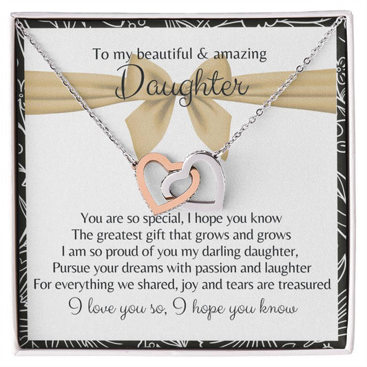 To My Beautiful Daughter 2 Hearts - Exclusive Offer Ribbon Interlocking Hearts Necklace
