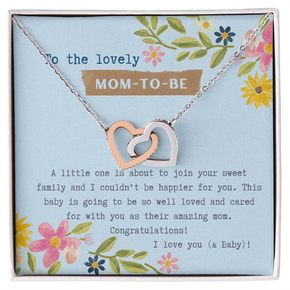 Mom To Be Interlocking Hearts Necklace Blue Floral Baby Shower