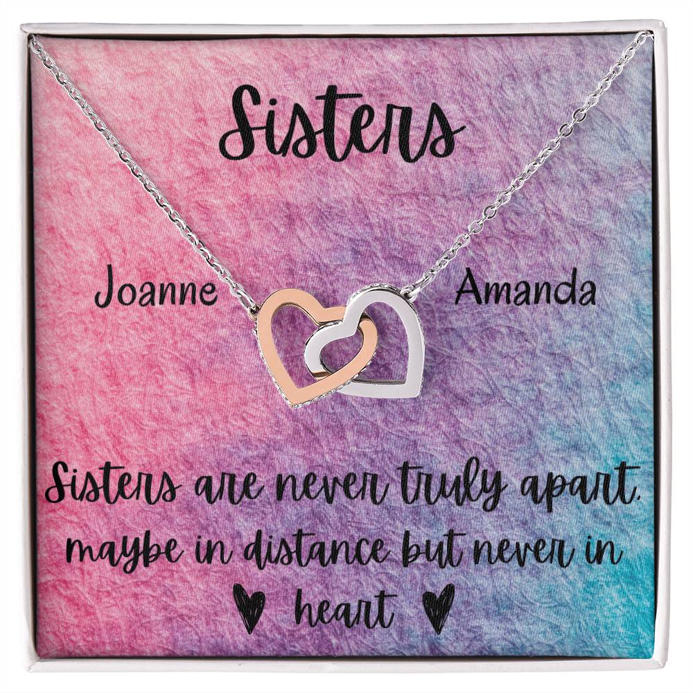 Sisters - Interlocking Necklace - Rainbow Background - Personalized Interlocking Hearts Necklace