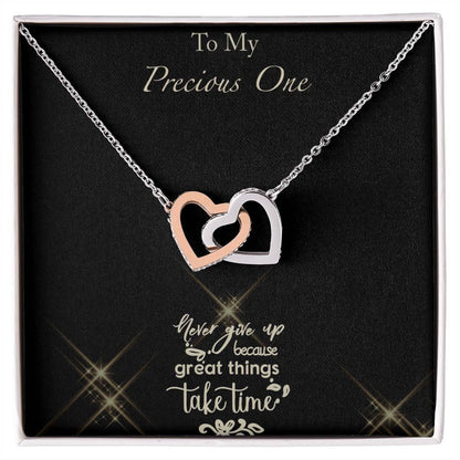 Never Give Up - Black Background Interlocking Hearts Necklace