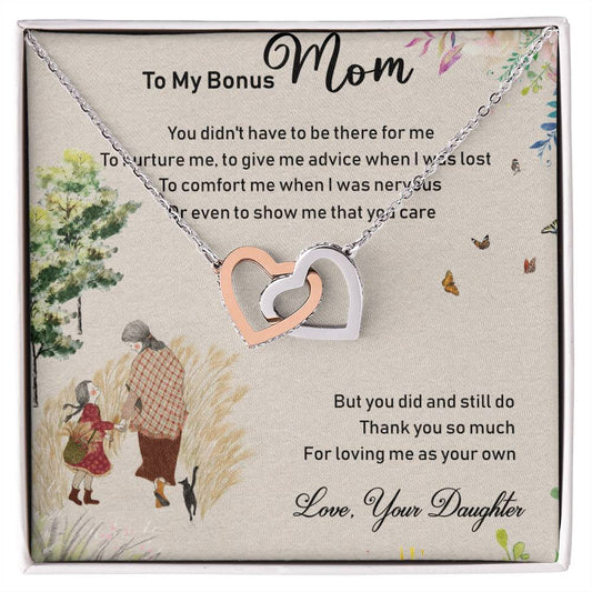 To My Bonus Mom Interlocking Hearts Necklace Message Card