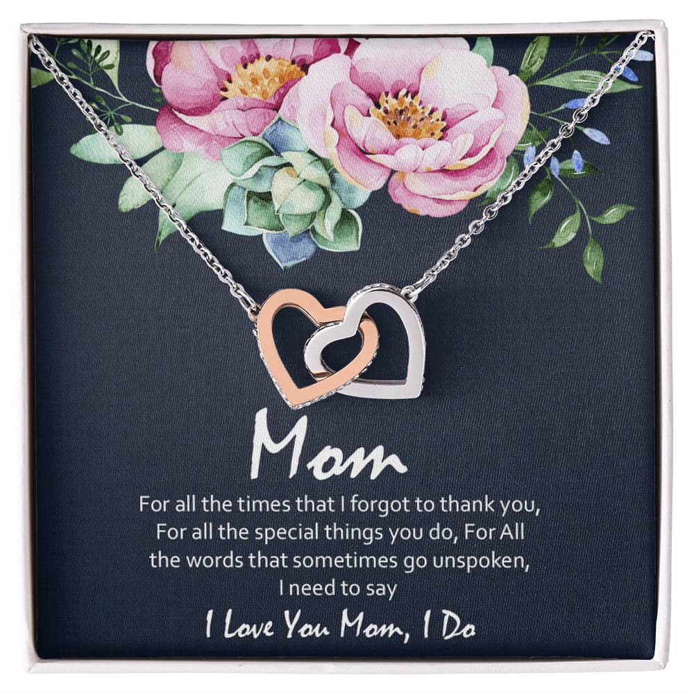 Love You Mom Blue With Hearts Interlocking Hearts Necklace