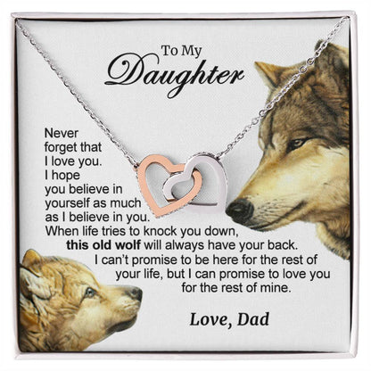For Your Daughter - This Old Wolf Will Always Have Your Back Interlocking Hearts Necklace