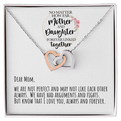 No Matter How Far Mother And Daughter Forever Linked Together Interlocking Hearts Necklace