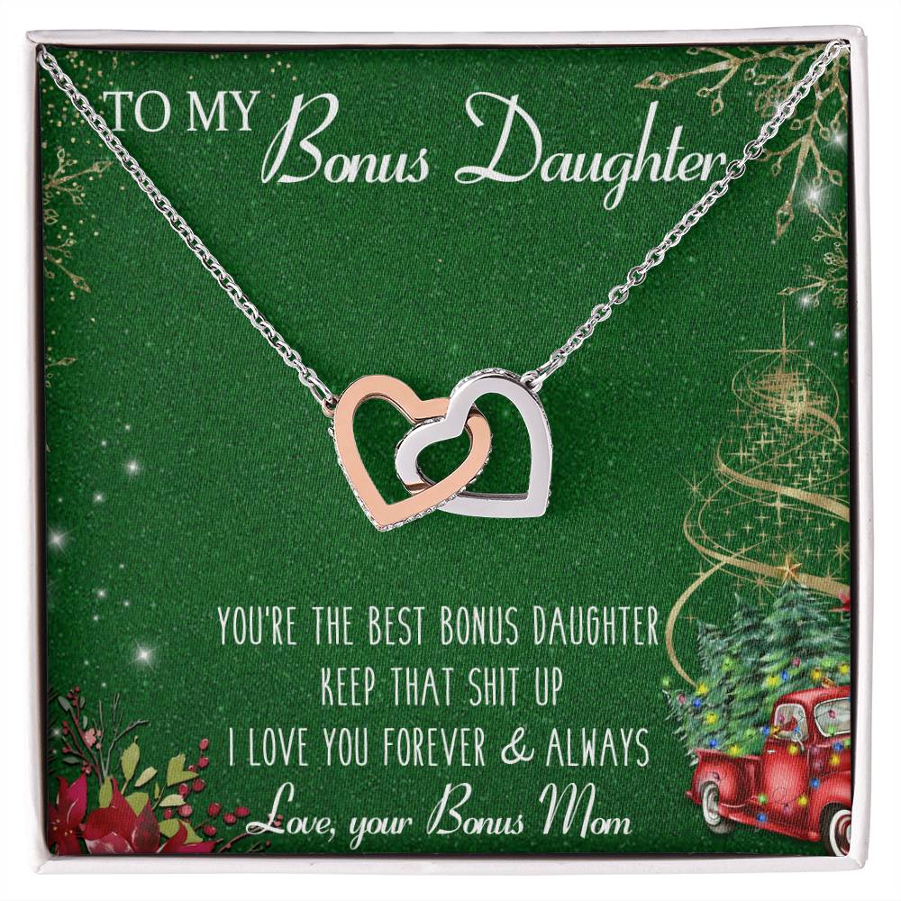 To My Bonus Daughter Interlocking Hearts Necklace Message Card