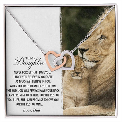 To My Daughter - This Old Lion Will Always Have Your Back Interlocking Hearts Necklace