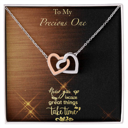 Great Things Take Time - Brushed Background Interlocking Hearts Necklace
