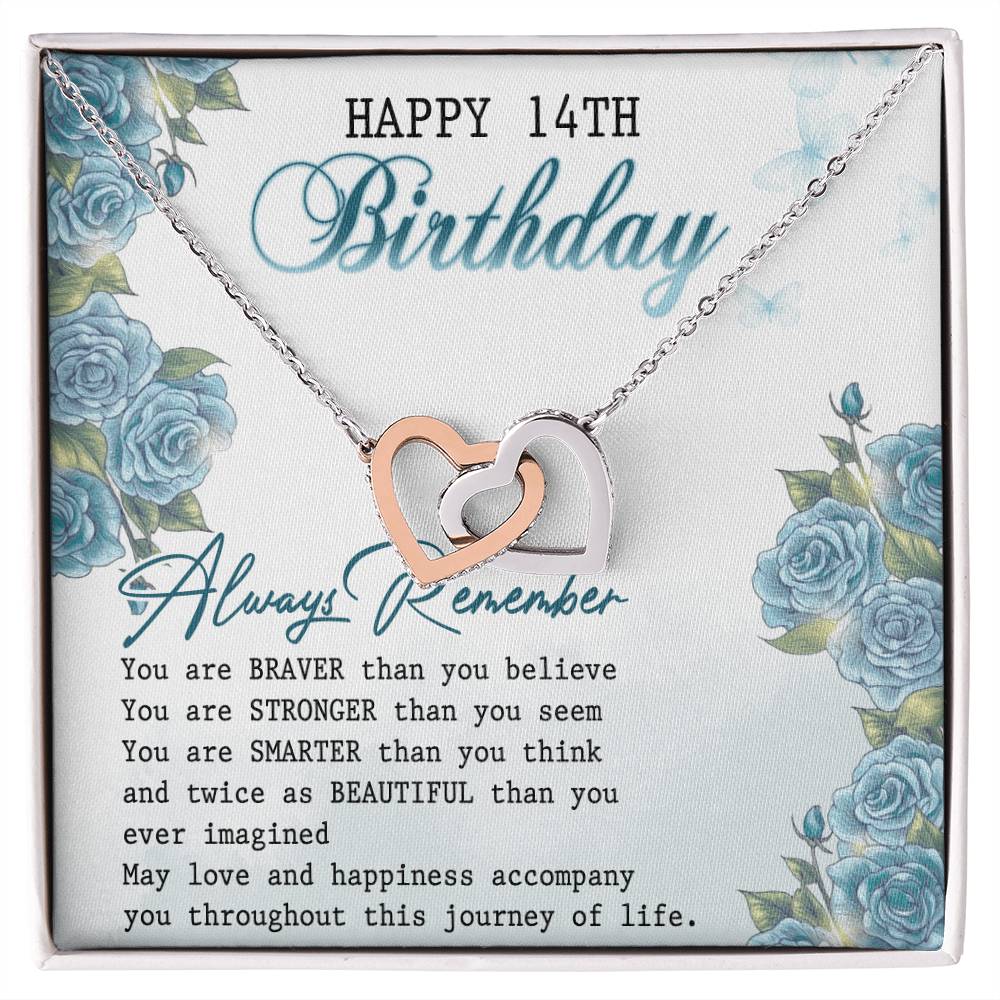 Happy 14Th Birthday Interlocking Hearts Necklace Message Card