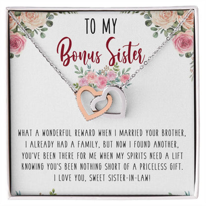 To My Bonus Sister Interlocking Hearts Necklace Message Card