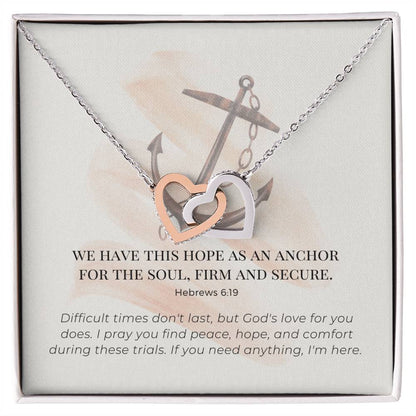 Scripture Encouragement Interlocking Hearts Necklace Hebrews 619 Cream Brush
