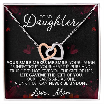 To My Daughter - You Make Me Smile - Unique Heart Bonding Necklace Gift Set Interlocking Hearts Necklace