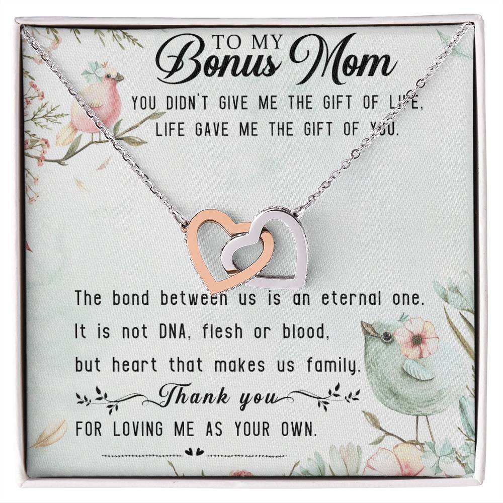 To My Bonus Mom Interlocking Hearts Necklace Message Card