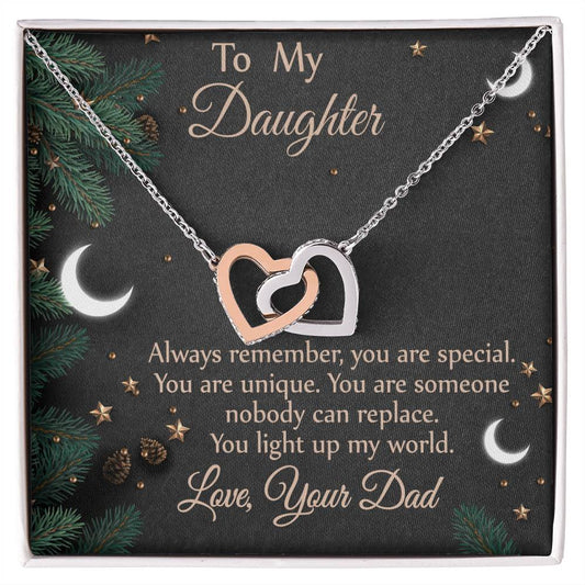 To Daughter - From Dad - You Light Up My World Necklace Interlocking Hearts Necklace