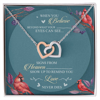 When You Believe Beyond What Your Eyes Can See Interlocking Hearts Necklace Cardinal Bird