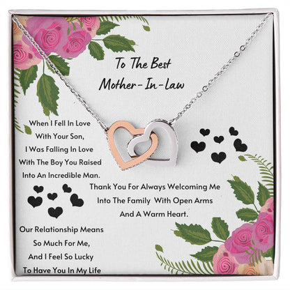 Mother In Law- I Feel So Lucky To Have You. Interlocking Hearts Necklace