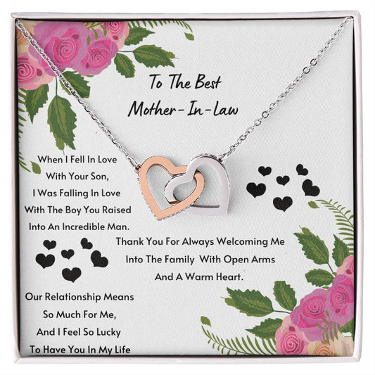 Mother In Law- I Feel So Lucky To Have You. Interlocking Hearts Necklace