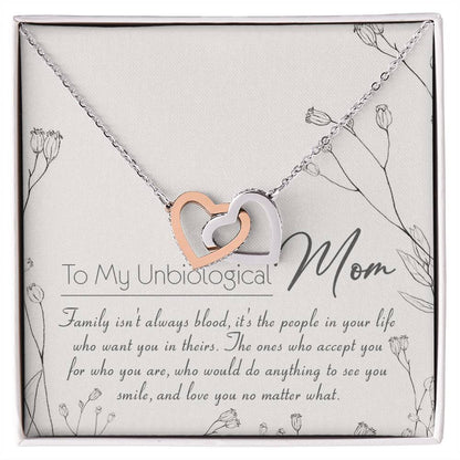 To My Unbiological Mom Interlocking Hearts Necklace Message Card