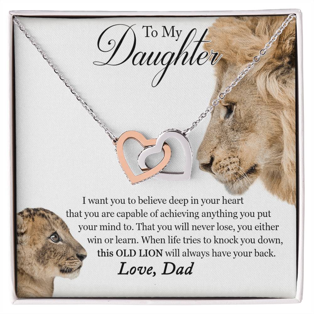 To My Daughter - This Old Lion Will Always Have Your Back Interlocking Hearts Necklace