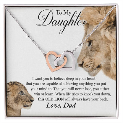 To My Daughter - This Old Lion Will Always Have Your Back Interlocking Hearts Necklace