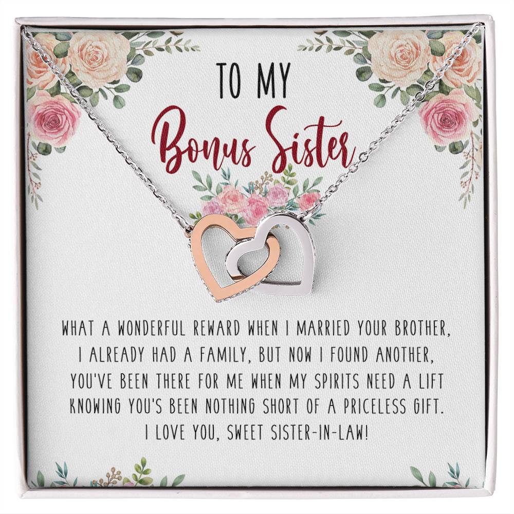 To My Bonus Sister Interlocking Hearts Necklace Birthday Message Card Gift