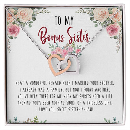 To My Bonus Sister Interlocking Hearts Necklace Birthday Message Card Gift