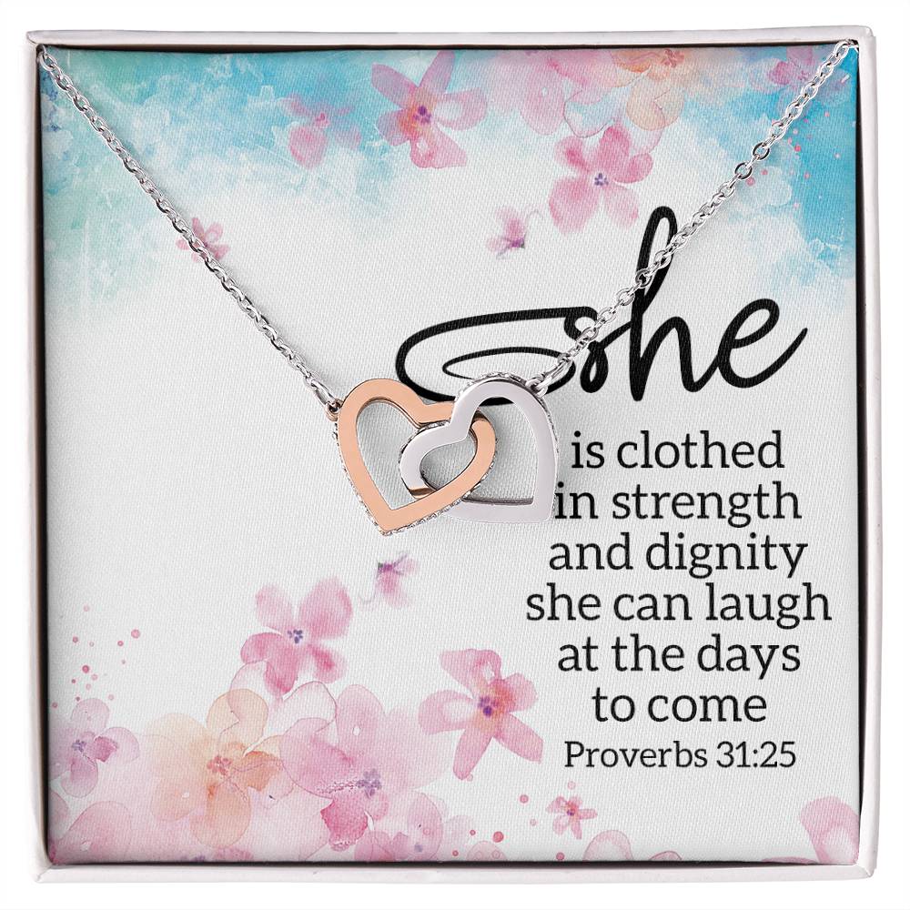 Proverbs 3125 - She Is Clothed Interlocking Hearts Necklace