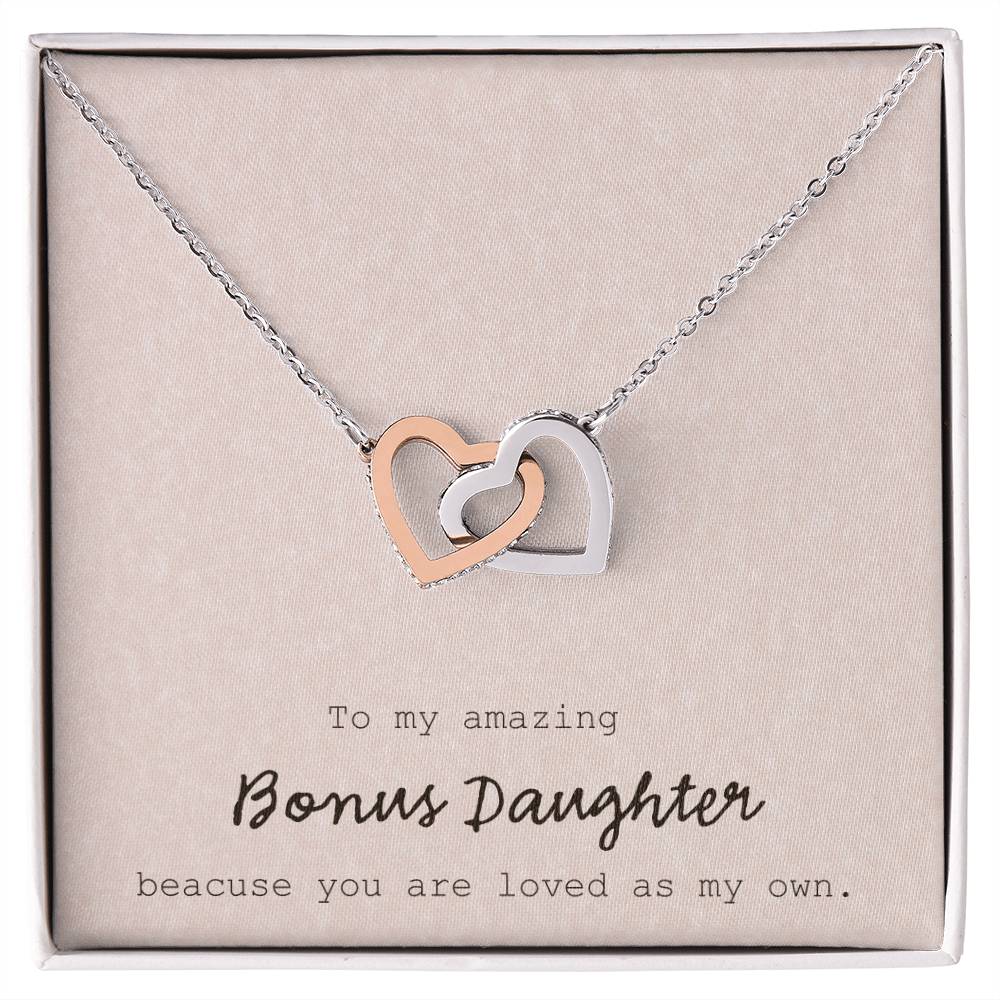 To My Amazing Bonus Daughter - Pink Interlocking Hearts Necklace